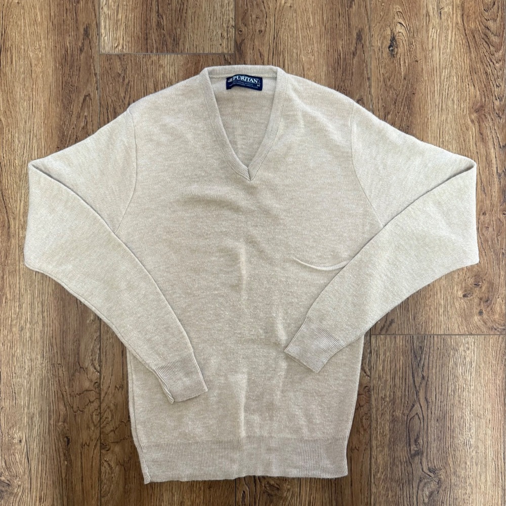 VTG Puritan Beige V-Neck Sweater Womens M Made in‎ USA Knit luxury  preppy cozy